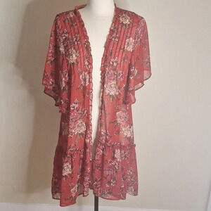 American Eagle red floral sheer  kimono style duster SZ XS
